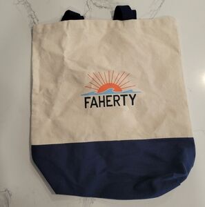 Faherty Cream and Blue Canvas Tote Bag